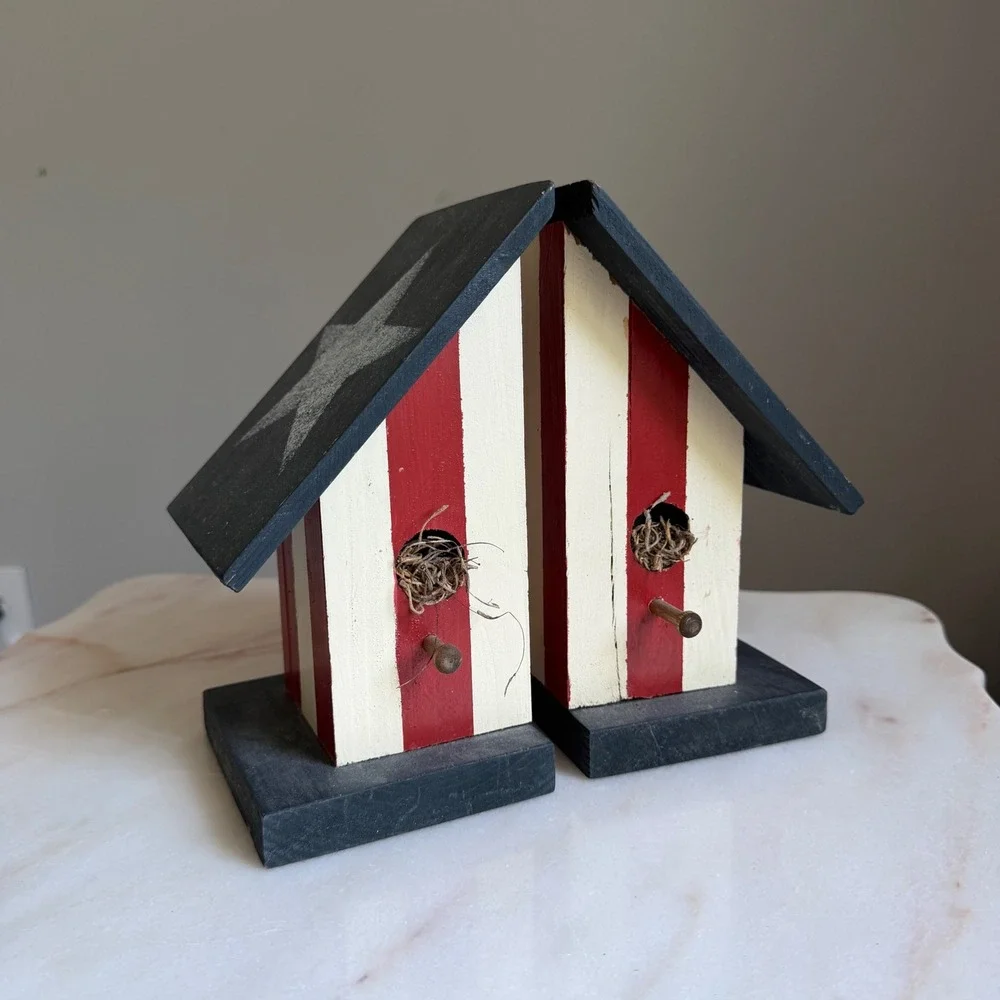 Americana Wooden Birdhouse Bookends Patriotic USA Star Farmhouse Decor